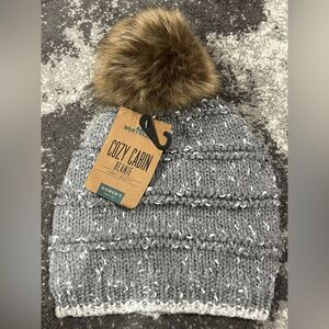 Northeast Outfitters Cozy Cabin Beanie gray white speckles faux fur pom-pom